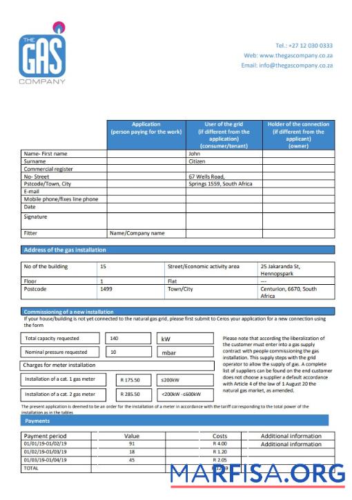 Blank South Africa The GAS Company gas utility bill template in Word and PDF format
